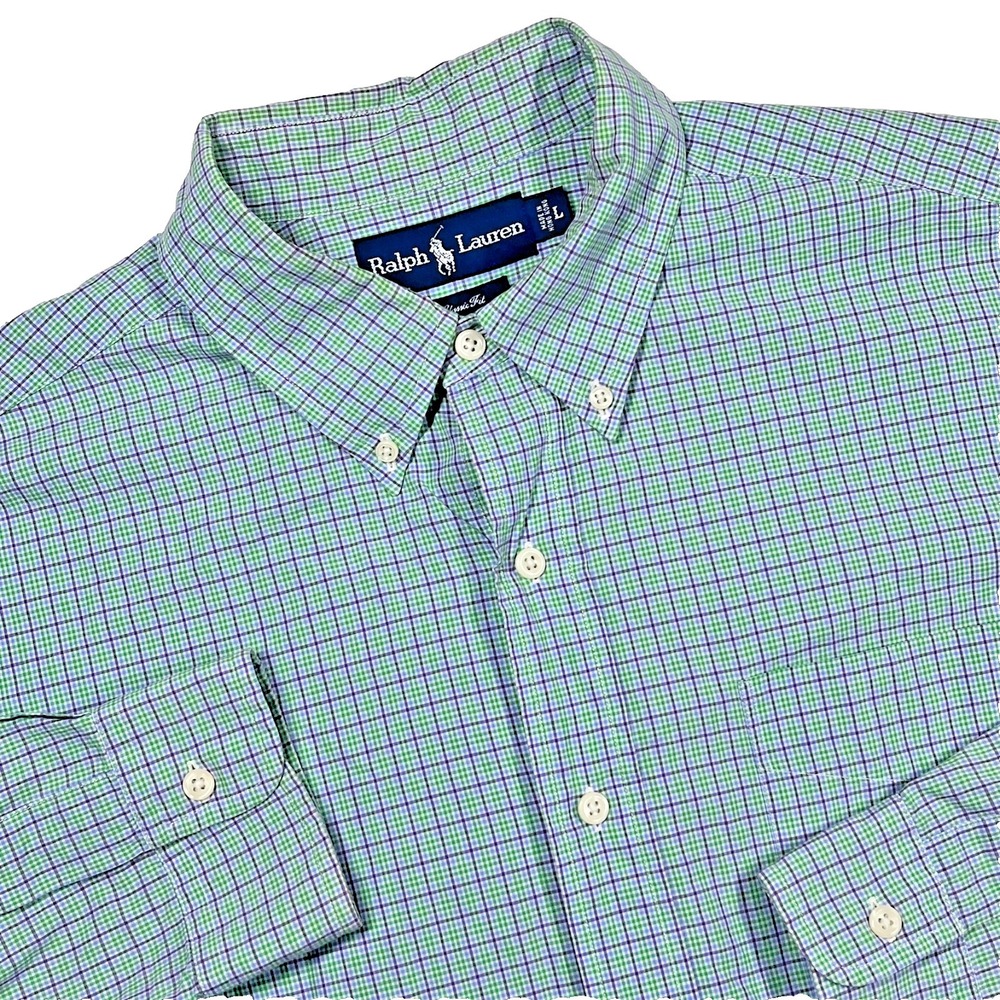 Ralph Lauren‎ Button Down Mens L Green Blue Plaid Classic Fit Cotton Check Shirt